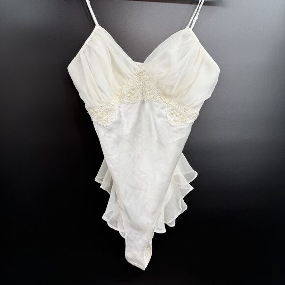 VTG 90s Victorias Secret Satin Lace Sequin Bodysuit Teddy White Bridal Lingerie - Picture 1 of 8